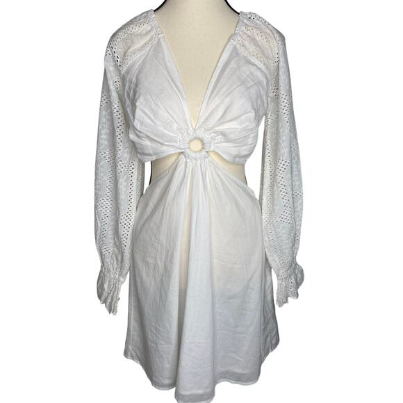 Shore Puff Sleeve Eyelet Cut Out Mini Cotton Dress - Picture 1 of 10